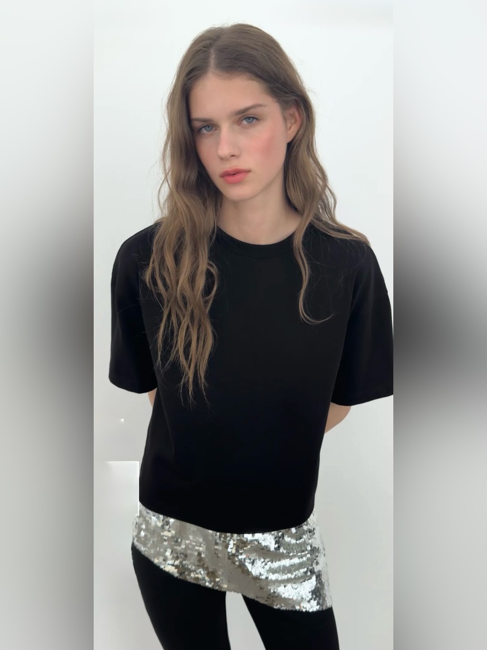 Zara Asymmetric Sequin T-Shirt | L | Black & Silver Highlights | NWT